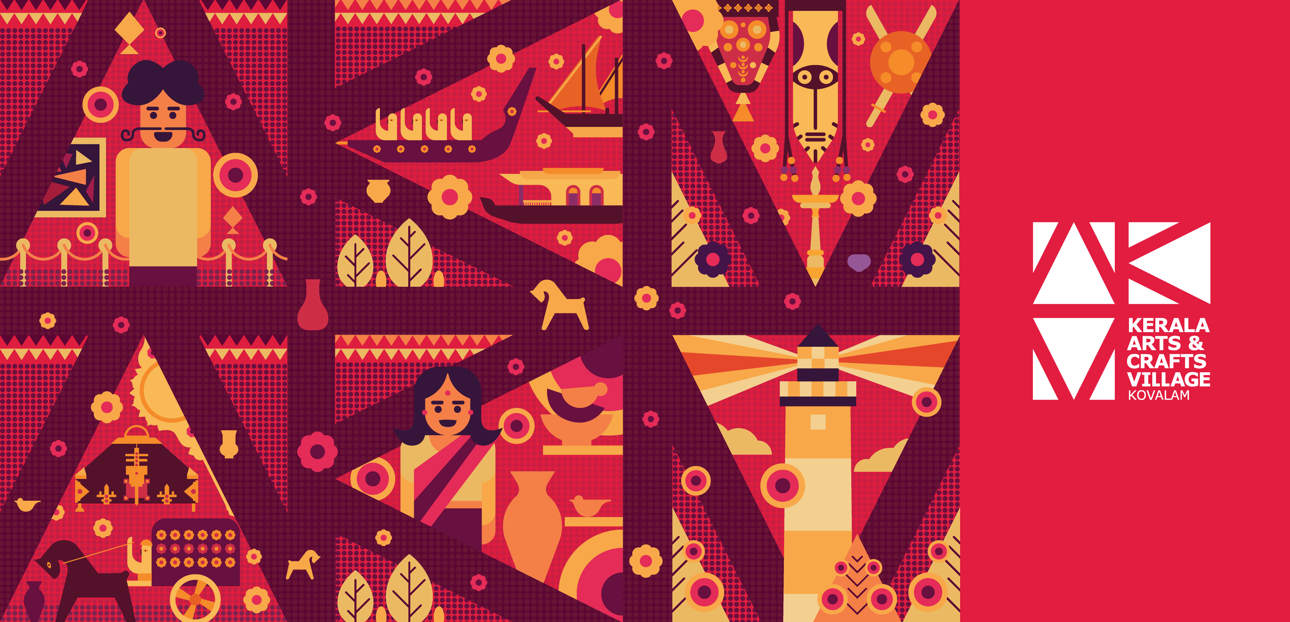 KACV identity and illustrated visual system featuring crafts, cultural forms and the Kovalam lighthouse
